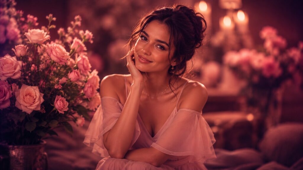 Radiant woman in a soft blush dress smiling warmly among pink roses in candlelight