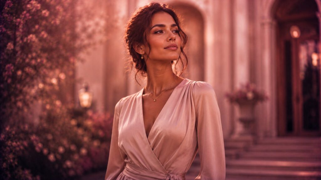 Elegant, poised woman in a silk wrap dress standing with quiet confidence outside a grand building at golden hour