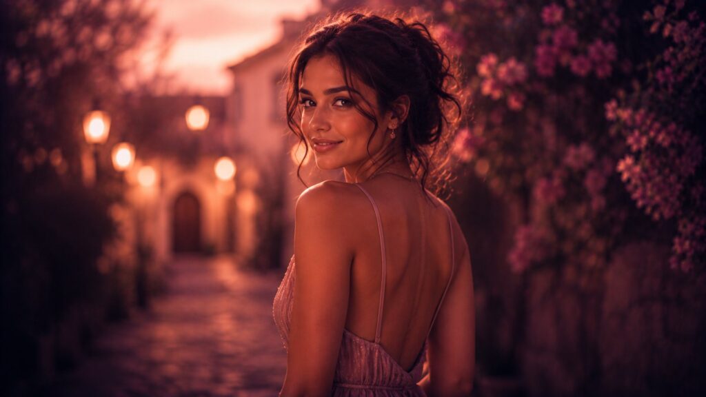 Confident woman glancing back over her shoulder with a subtle knowing smile on a flower-lined evening street