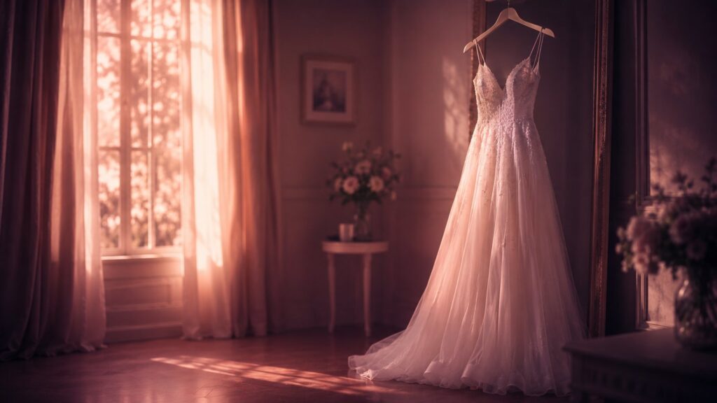 White wedding dress on a hanger by a sunlit window in a quiet, empty room