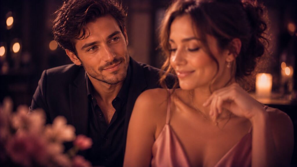Man gazing adoringly at a smiling woman by candlelight, showing quiet secret devotion