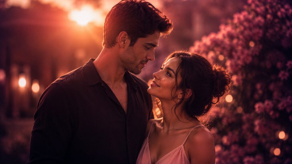 Couple gazing into each other's eyes at sunset, the woman looking up at the man with admiration