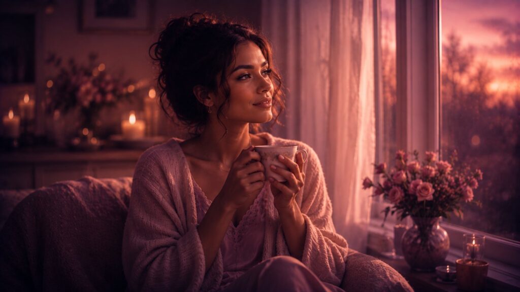 Calm, composed woman holding a warm cup of tea by a window at dusk