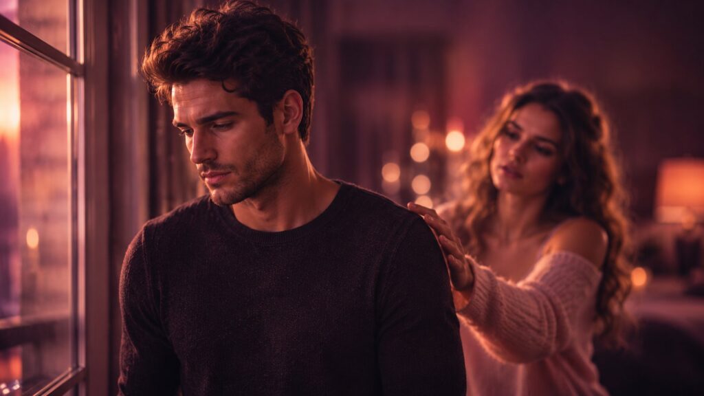 Pensive man looking away by a window at night while a woman gently rests her hand on his shoulder