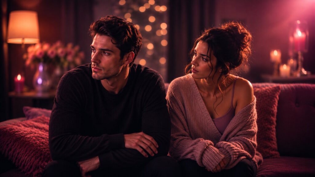 Couple at a candlelit table, the man gazing at the woman as she looks down, quiet emotional distance between them