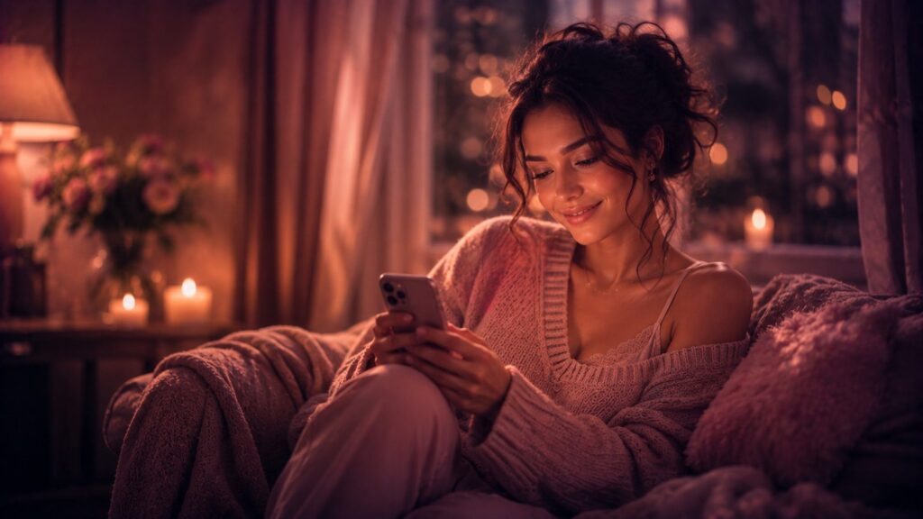 Woman in a cozy sweater smiling softly at her phone by candlelight in a warm room