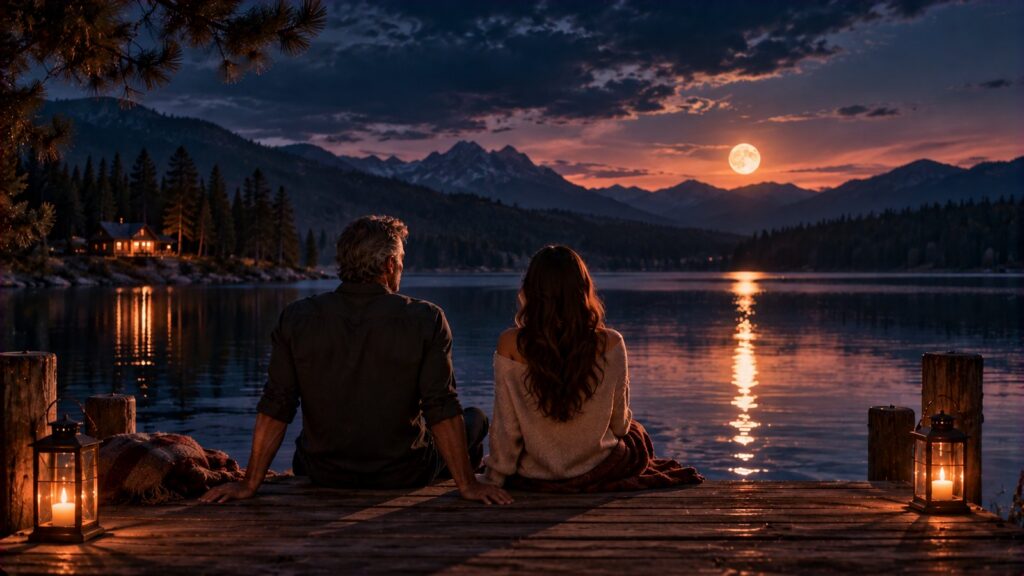 A man and a woman seen from behind sitting side by side on a wooden dock over a moonlit lake, lanterns beside them and mountains across the water