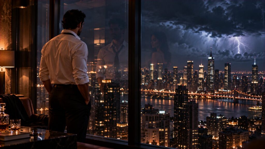 A man in a white shirt with loosened tie standing at a floor-to-ceiling penthouse window overlooking a stormy night city skyline, a woman's faint reflection in the glass
