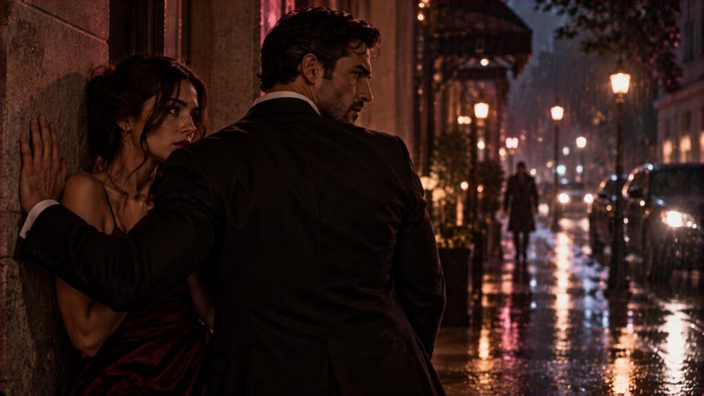 A powerfully built man in a dark suit shielding a woman with a protective arm against a wall on a rain-slicked night street