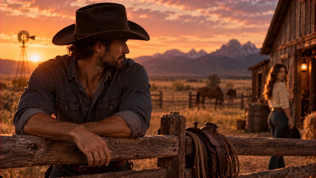 A rugged cowboy in a hat leaning on a wooden corral fence at sunset, a woman standing near the barn behind him, mountains in the distance