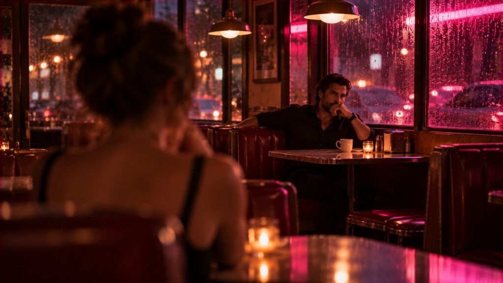 A brooding man alone in a corner booth of a neon-lit late-night diner with rain on the windows, a woman watching from the foreground