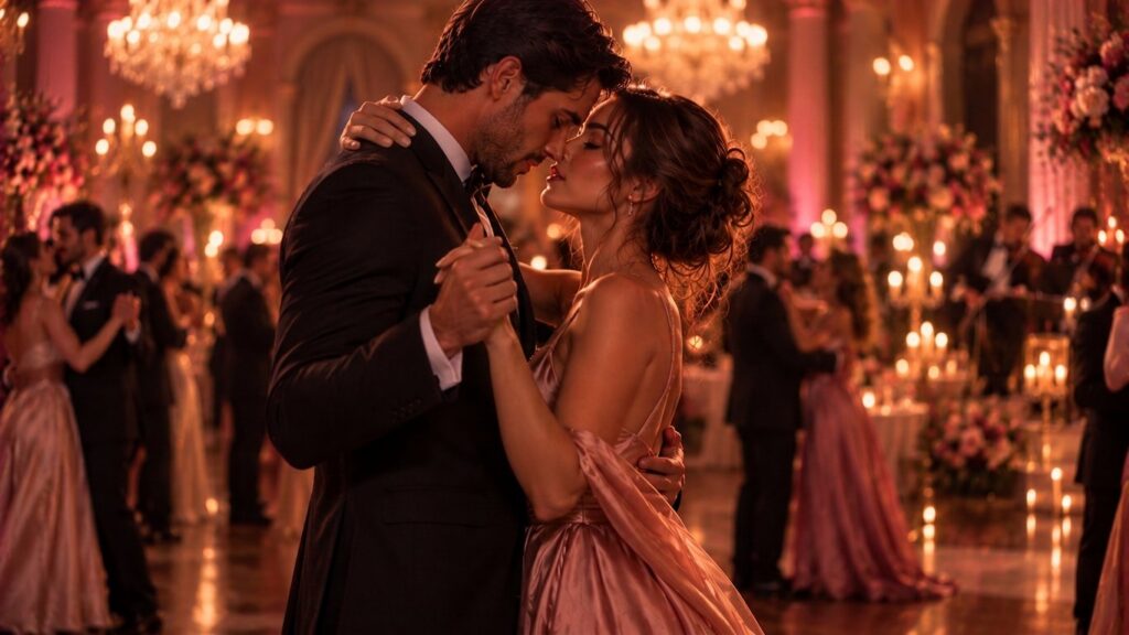 A couple slow dancing very close under warm chandeliers and candlelight at an elegant wedding reception