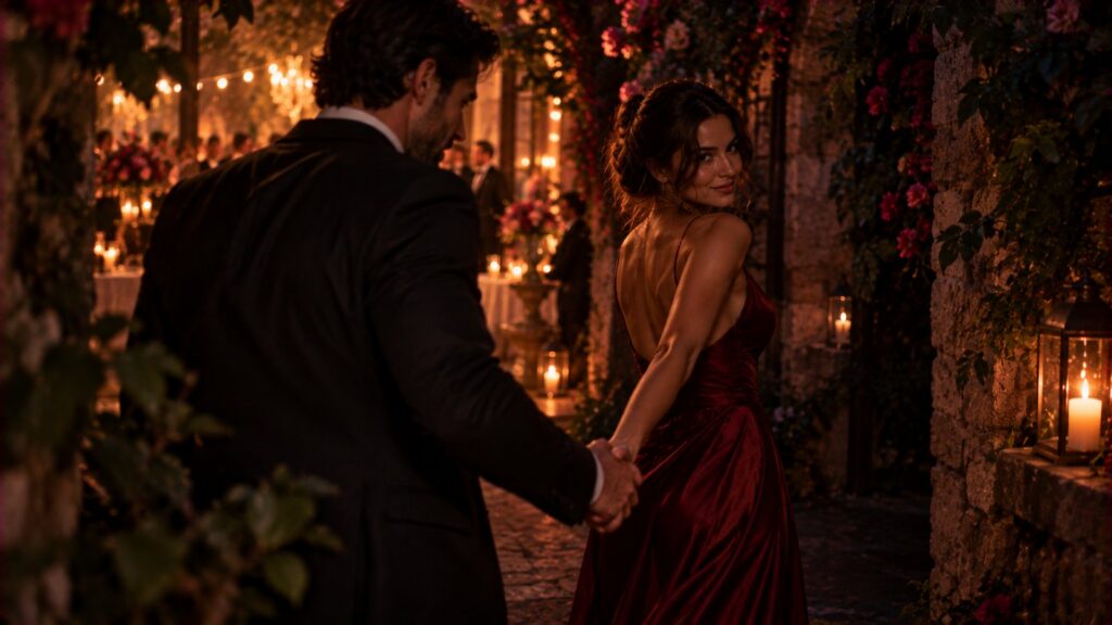 A man in a dark suit leading a woman in a deep red dress by the hand away from a candlelit garden wedding as she glances back over her shoulder with a secret smile