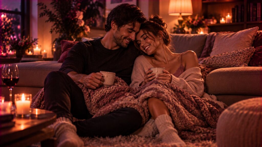 Two close friends sitting on the floor against a couch under one knit blanket, holding mugs, heads tipped together and smiling in warm candlelit lamplight