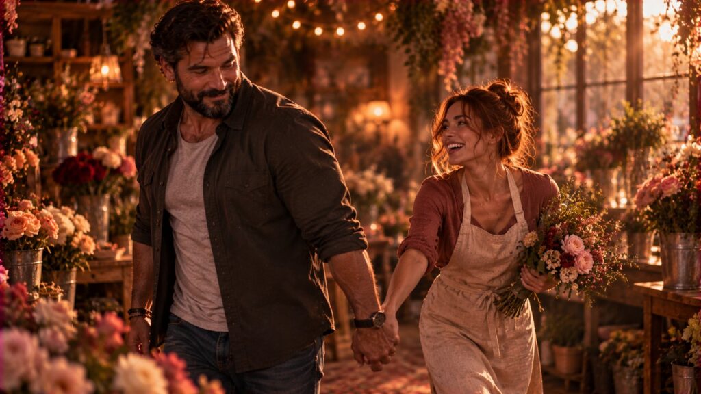 A bearded man half-smiling as a warm auburn-haired woman in an apron holding a bouquet laughs and pulls him by the hand through a flower shop in golden light