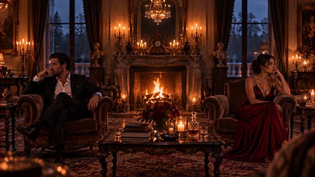 A man and a woman sitting in separate armchairs on opposite sides of a grand candlelit drawing room with a fire between them, both looking away
