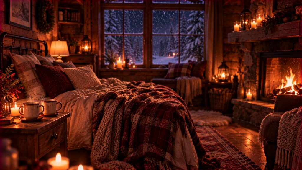 A cozy rustic cabin bedroom at night, one bed piled with blankets, a glowing fireplace, two steaming mugs, and snow falling past a dark window