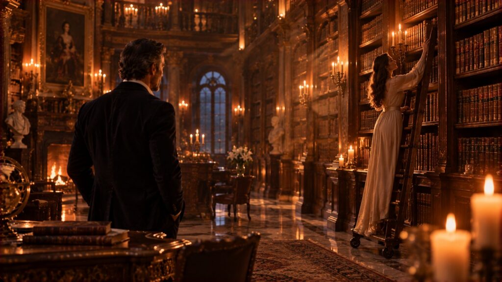 A man in an elegant jacket standing among towering candlelit palace bookshelves, watching a woman on a rolling library ladder reaching for a book