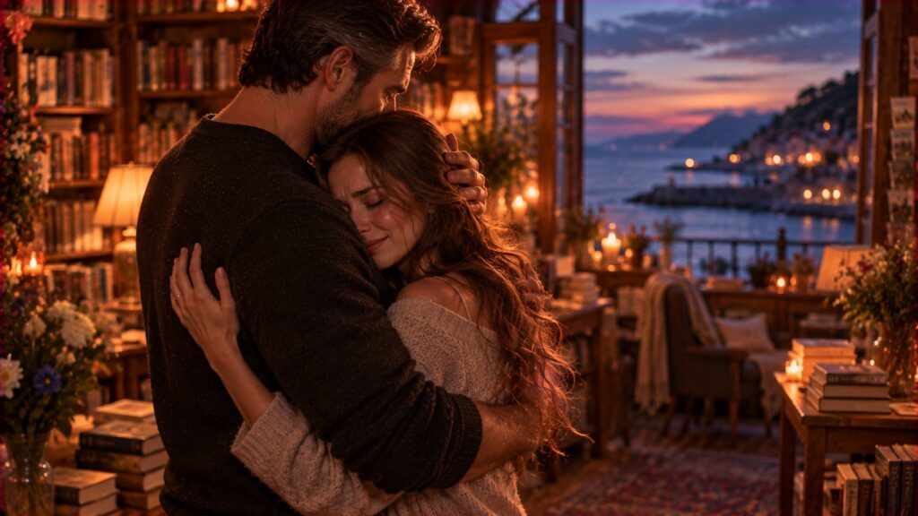 A tender reunion embrace in a coastal bookshop at dusk, a woman with a tearful smile held close against a man, a sea view glowing pink through the window