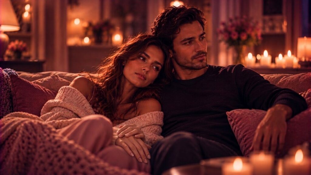 A couple on a couch, the woman leaning on the man's shoulder while he gazes away, an ambiguous undefined mood