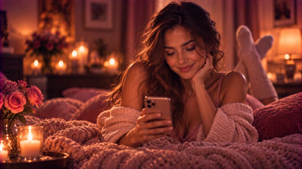 A woman lying on a bed smiling playfully at her phone in warm candlelight