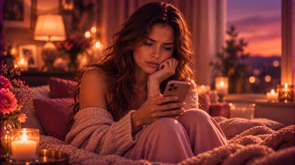 A woman with a slightly worried expression looking at her phone in a cozy candlelit room at dusk