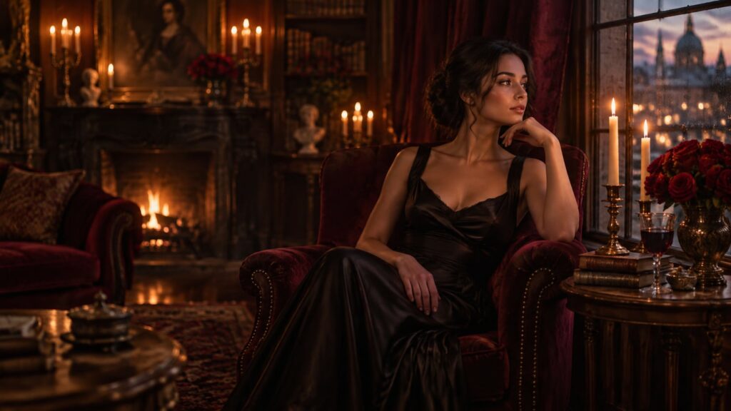 Confident woman in a black silk dress sitting in a velvet armchair by candlelight with red roses, embodying dark feminine energy