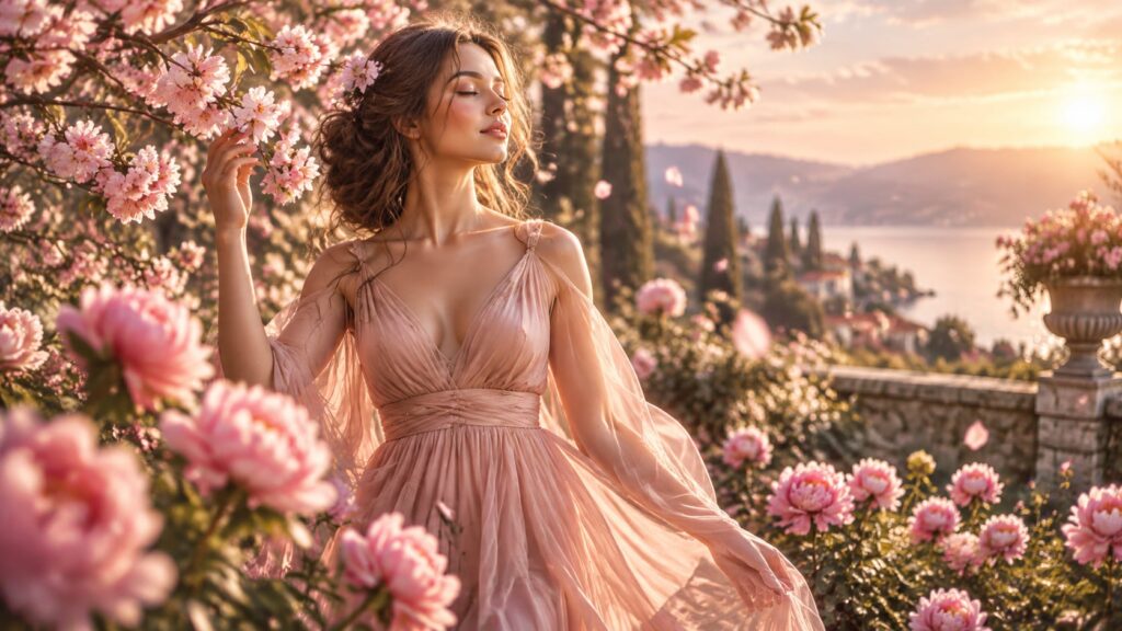 Serene woman in a flowing blush dress with eyes closed among pink peonies and cherry blossoms at golden hour