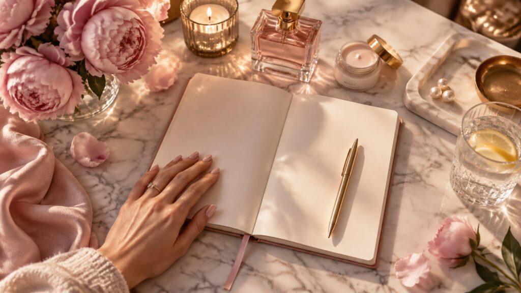 Flat lay of an open planner with a gold pen, pink peonies, perfume, pearl earrings and lemon water on a marble vanity
