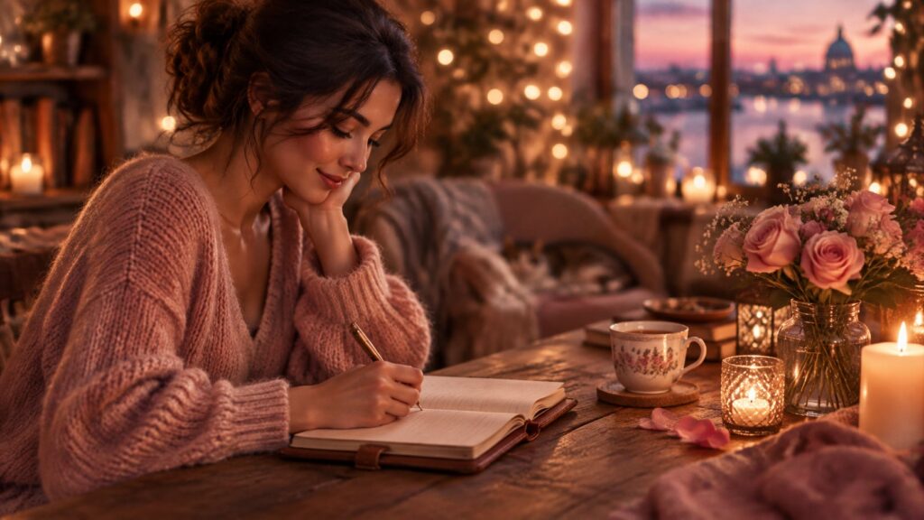 Woman in a pink sweater writing love affirmations in a journal by candlelight with roses and a cup of tea