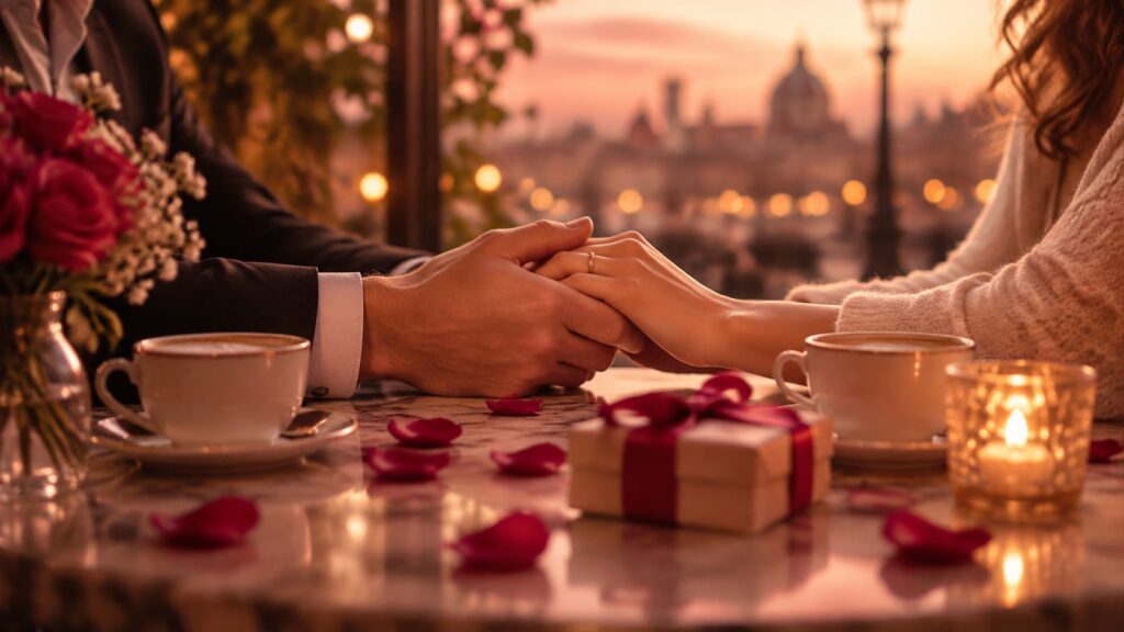 Couple holding hands across a cafe table with coffee cups, a wrapped gift and rose petals at sunset