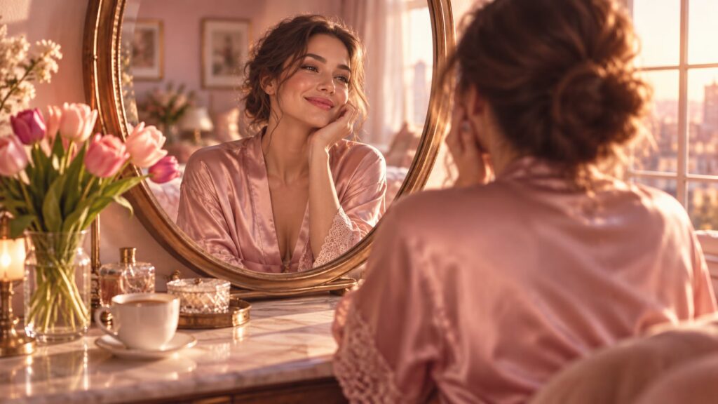 Smiling woman in a pink satin robe looking at her reflection in a vintage mirror in warm morning light