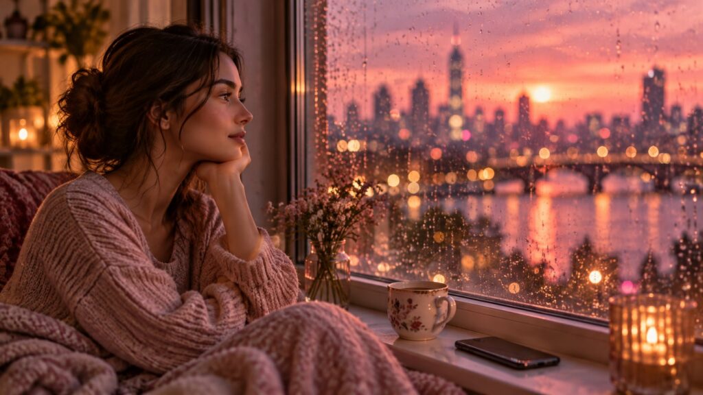 Calm woman in a cozy sweater gazing out a rainy window at sunset, her phone lying face down on the sill