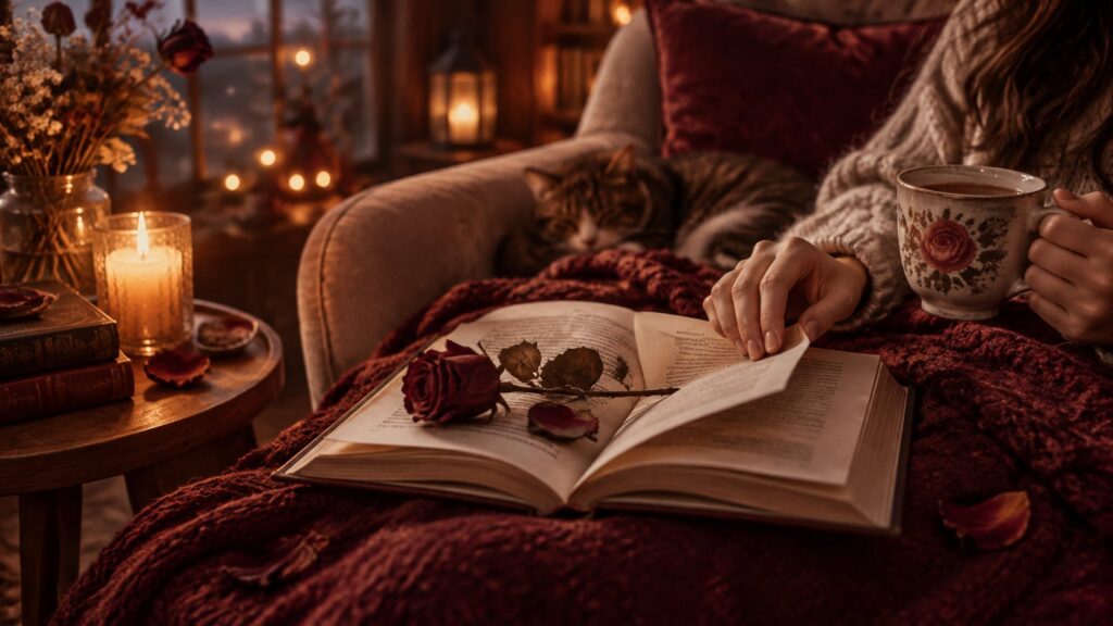 Open romance novel with a dried red rose on a cozy blanket, beside a candle, a cup of tea and a sleeping cat