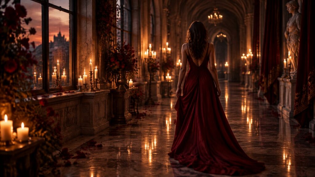 Woman in a long dark red gown walking away down a candlelit palace hallway, seen from behind