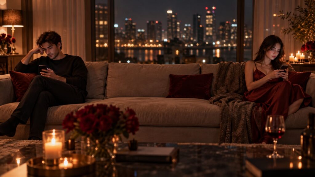 Couple sitting at opposite ends of a sofa at night, both looking at their phones, with the city lights behind them
